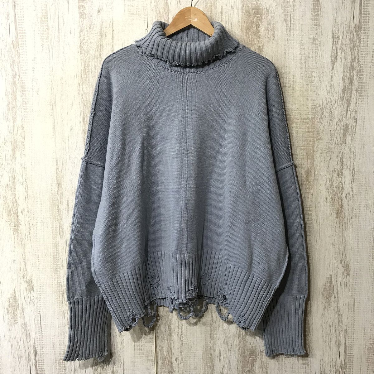 204☆【タートルネック ダメージニットセーター】A'GEM エージェム ブルーグレー FREE拍卖