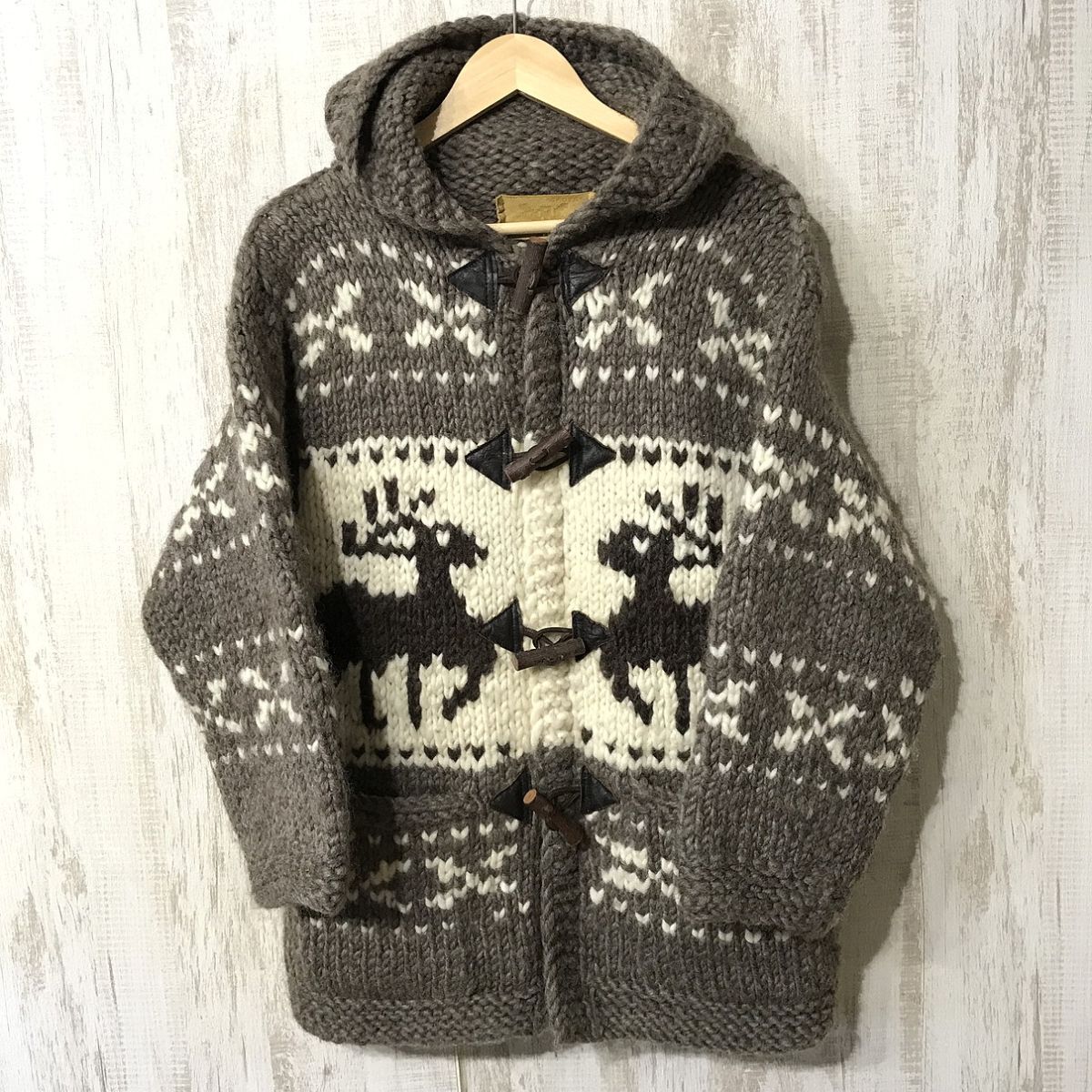 222☆【カナダ製 トナカイ フーディー カウチンニットジャケット】セーター マルチカラー拍卖