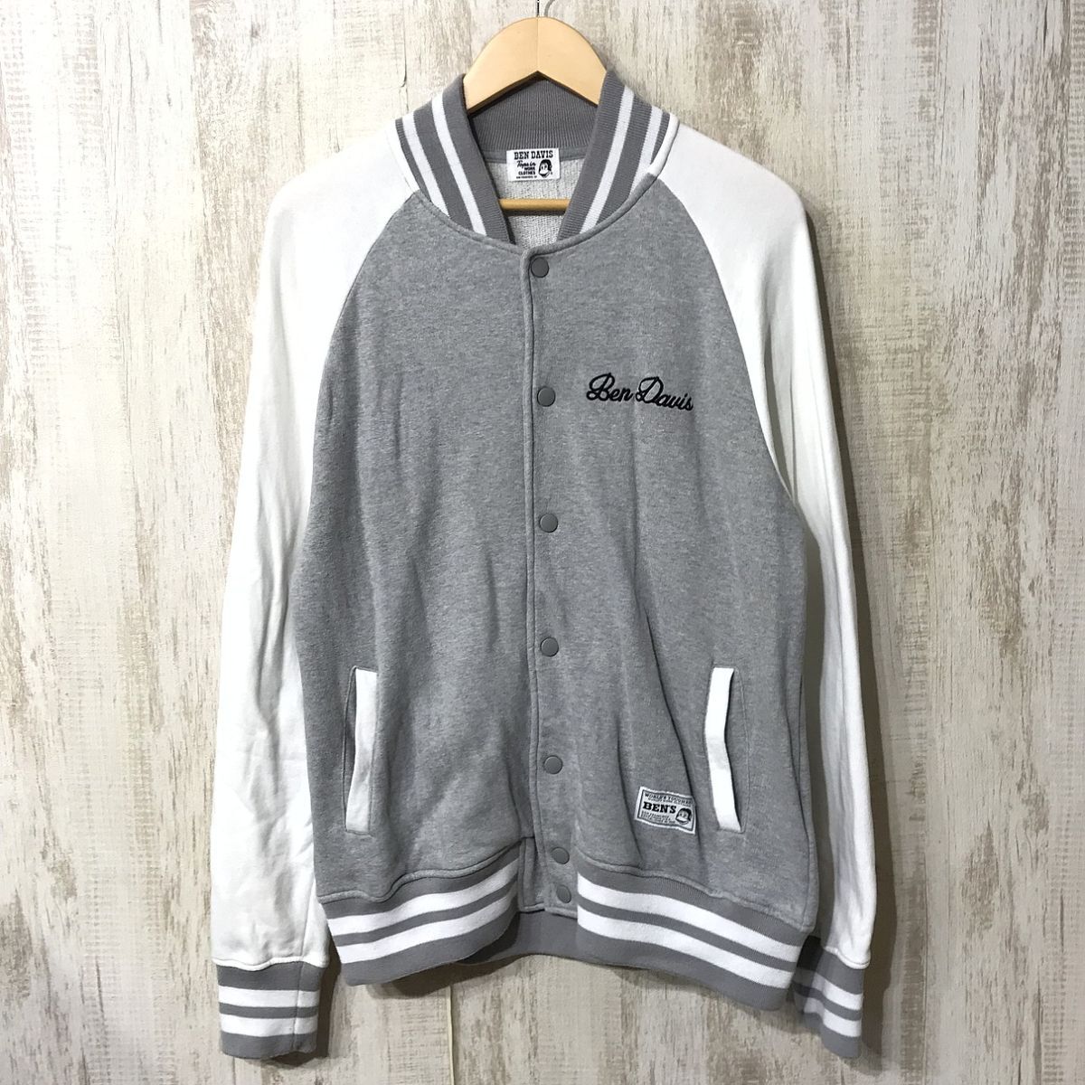 940☆【スナップボタン スウェットジャケット】BEN DAVIS ベンデイビス グレー 白 L拍卖