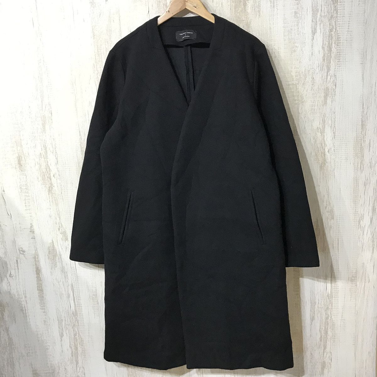 947☆【メンズ ノーカラー ウールコート】UNITED TOKYO ユナイテッドトウキョウ チェスターコート 黒 4拍卖