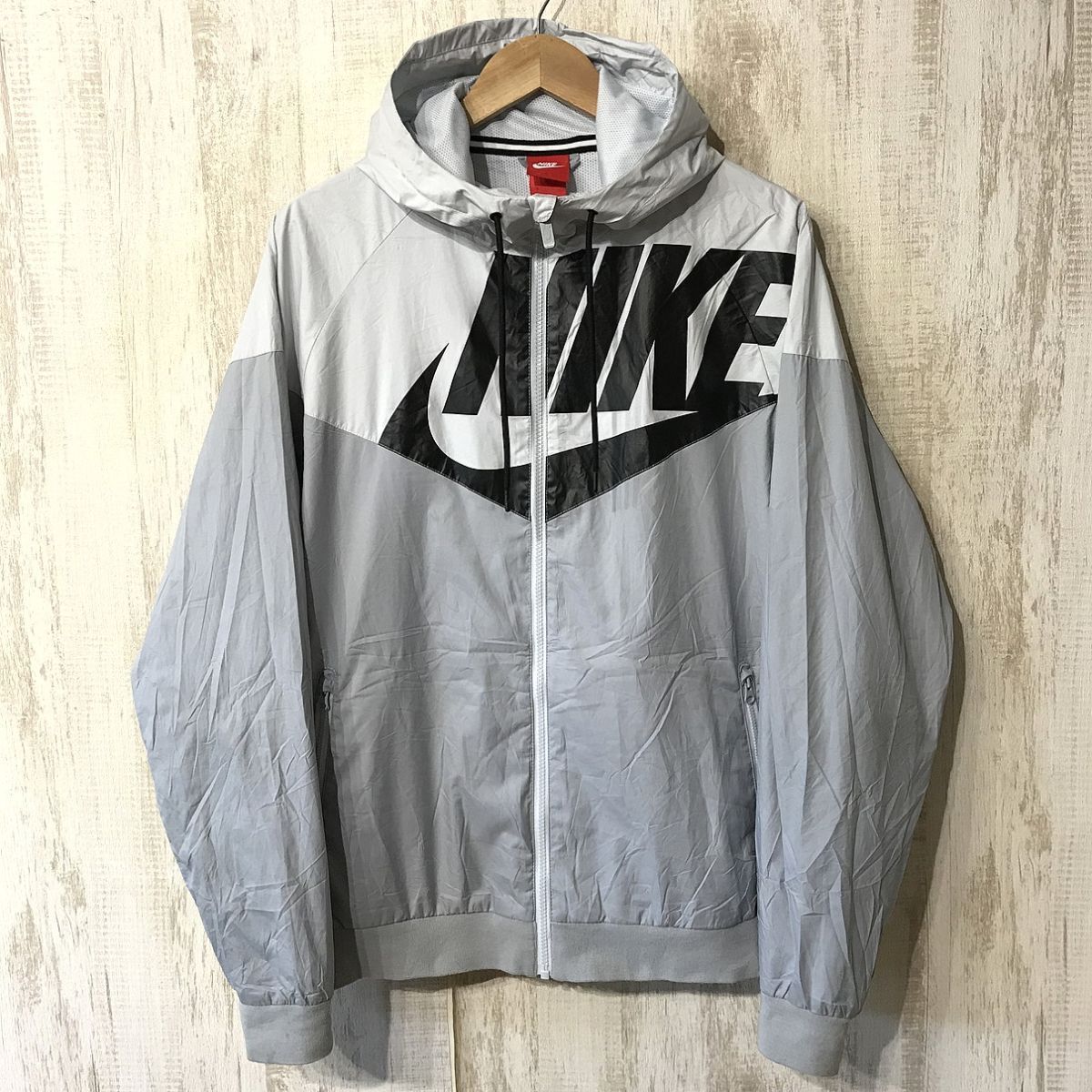 952☆【ビッグロゴ ナイロンパーカー フーディージャケット】NIKE ナイキ グレー L拍卖