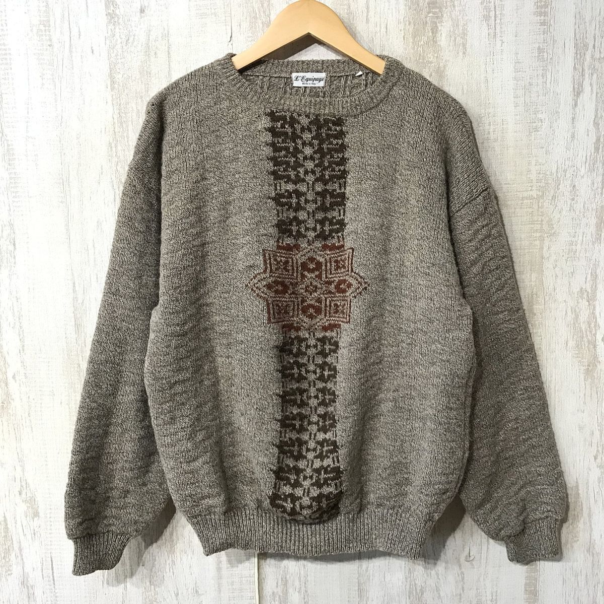 968☆【イタリア製 ユーロ古着 レトロ アランニットセーター】L'equipage 茶 L拍卖
