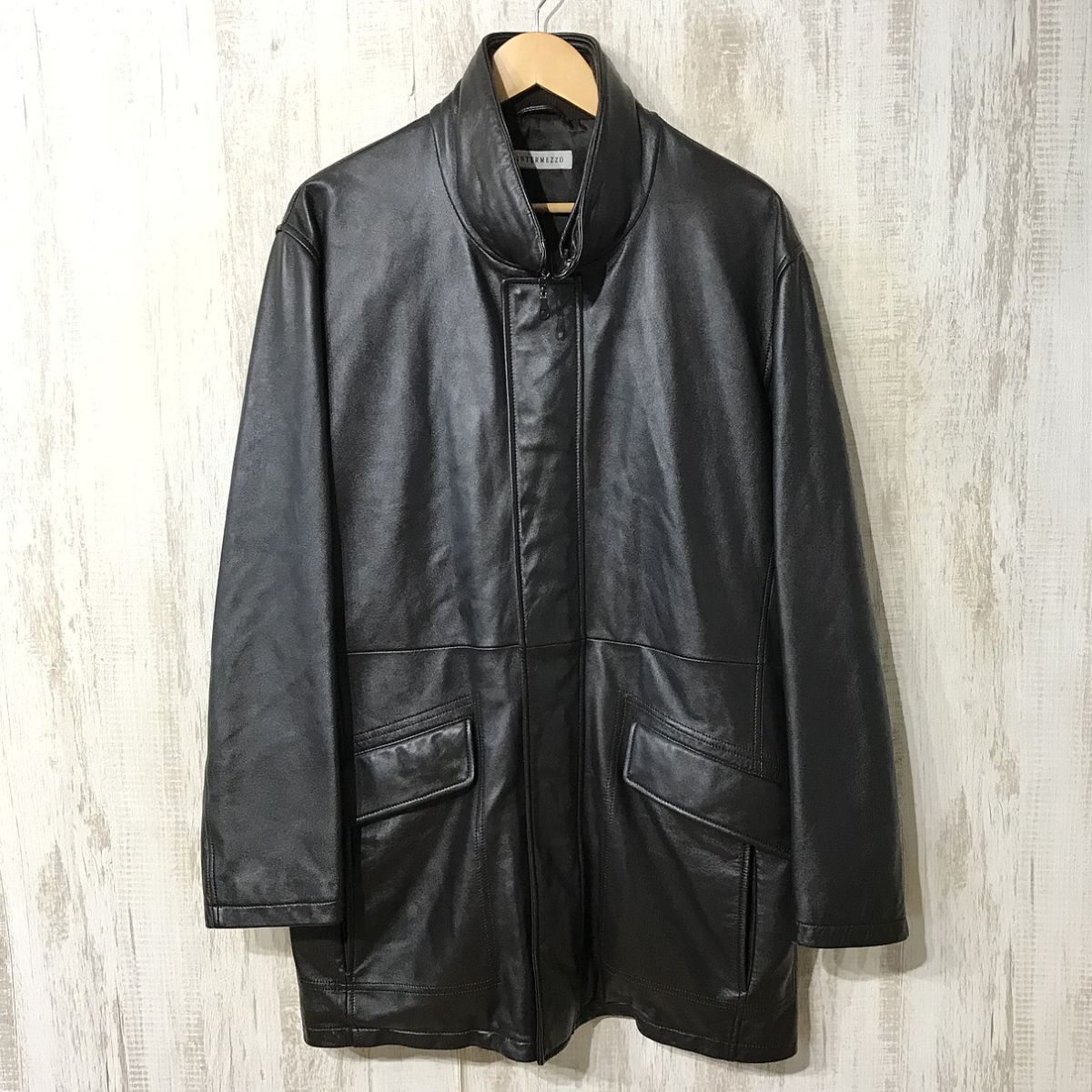 974☆【羊革 ラムレザーコート】INTERMEZZO インターメッツォ 革ジャン レザージャケット 黒 LL拍卖