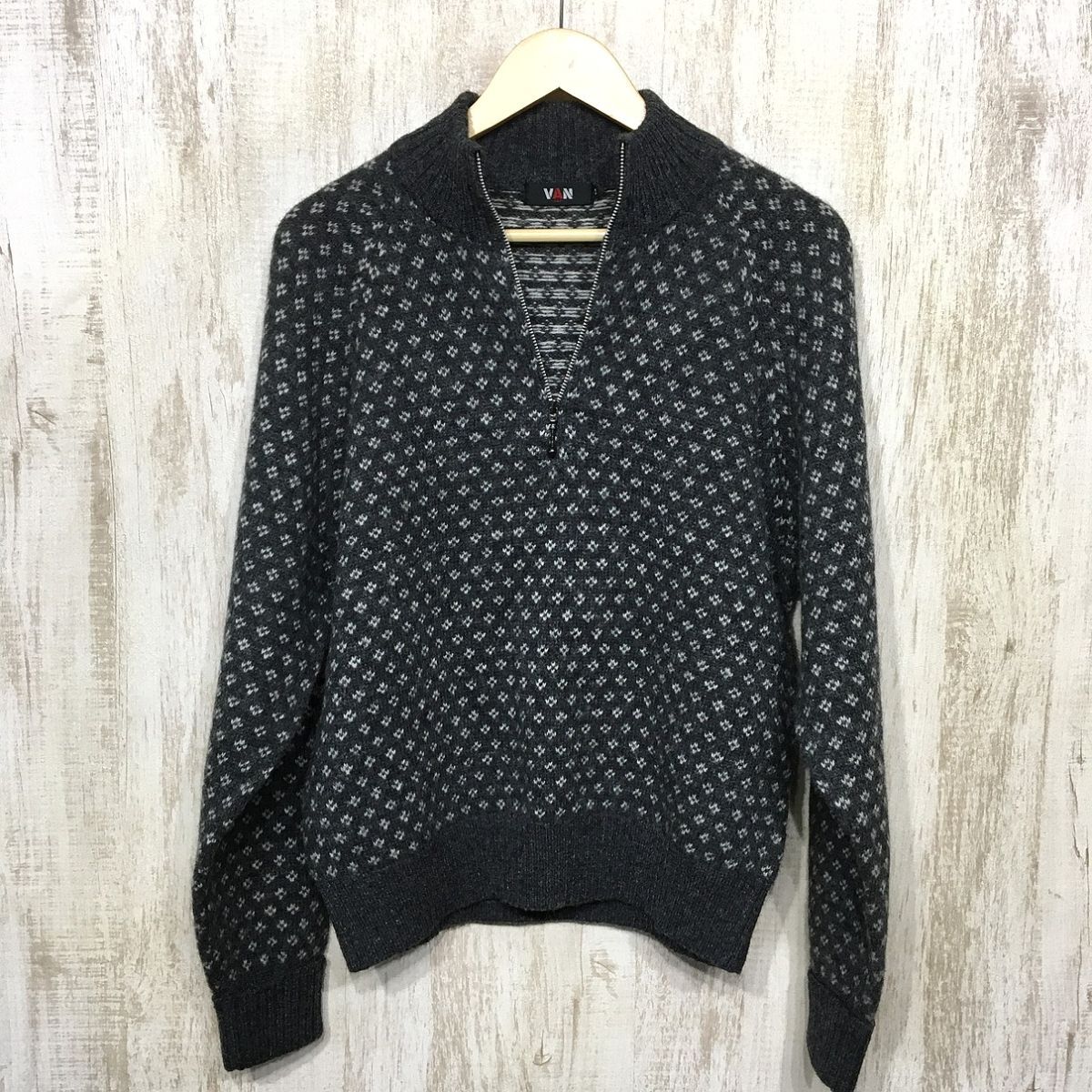 392☆【90s ヴィンテージ ハーフジップ ウールニットセーター】VAN JAC ヴァンヂャケット グレー M拍卖