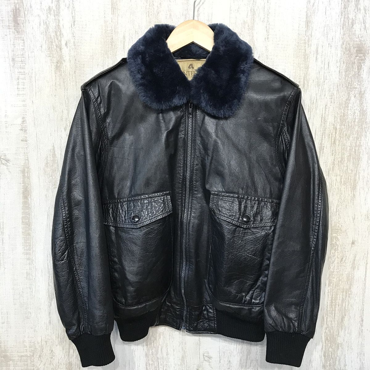 725☆【90s ヴィンテージ G-1 フライトジャケット 裏フリース 牛革 カウレザージャケット】ANTESCO 革ジャン 黒 M拍卖