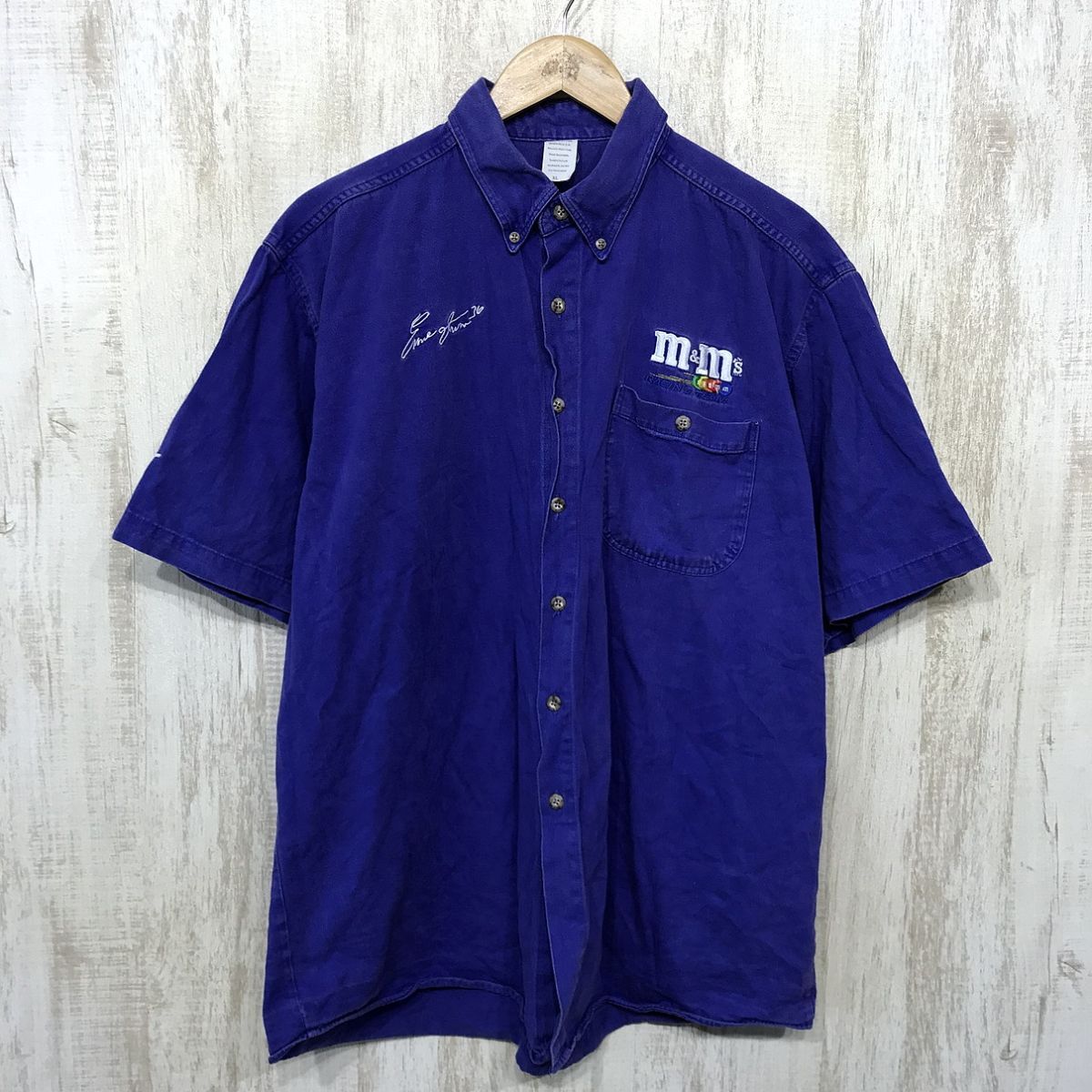 at236☆【USA製 アメリカ古着】m&ms エムアンドエムズ レーシングシャツ 青 XL拍卖