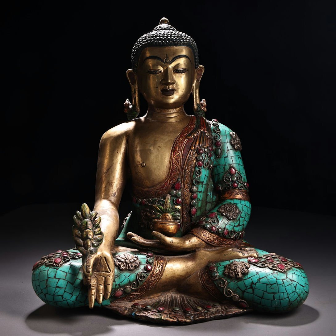 ▼渡鶴羽▼H7107清時代 銅製象嵌宝石彩絵描金藥師仏仏像 細工彫刻★仏教古美術★仏像★細密細工★廃寺旧蔵★廃寺買出品拍卖