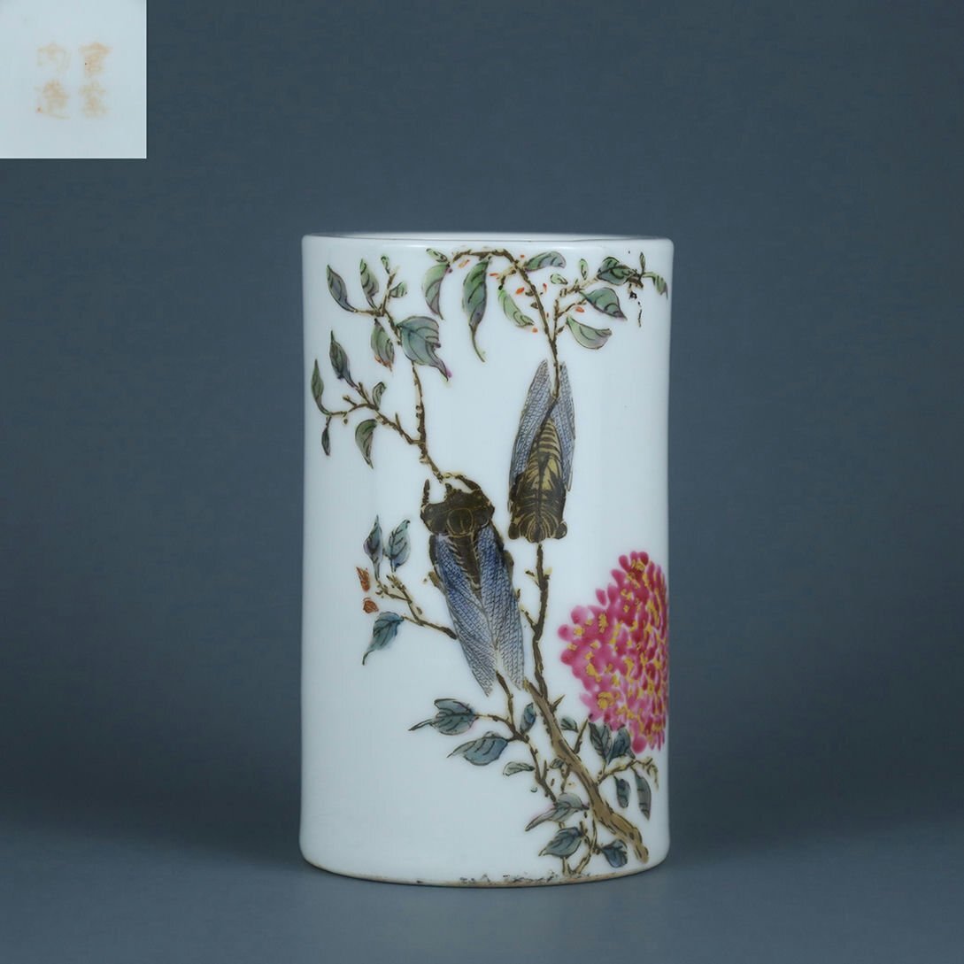 ▼渡鶴羽▼A0766清代 官窯粉彩花卉昆虫詩文図筆立・古陶磁器 ・珍品旧蔵・古賞物・時代物拍卖