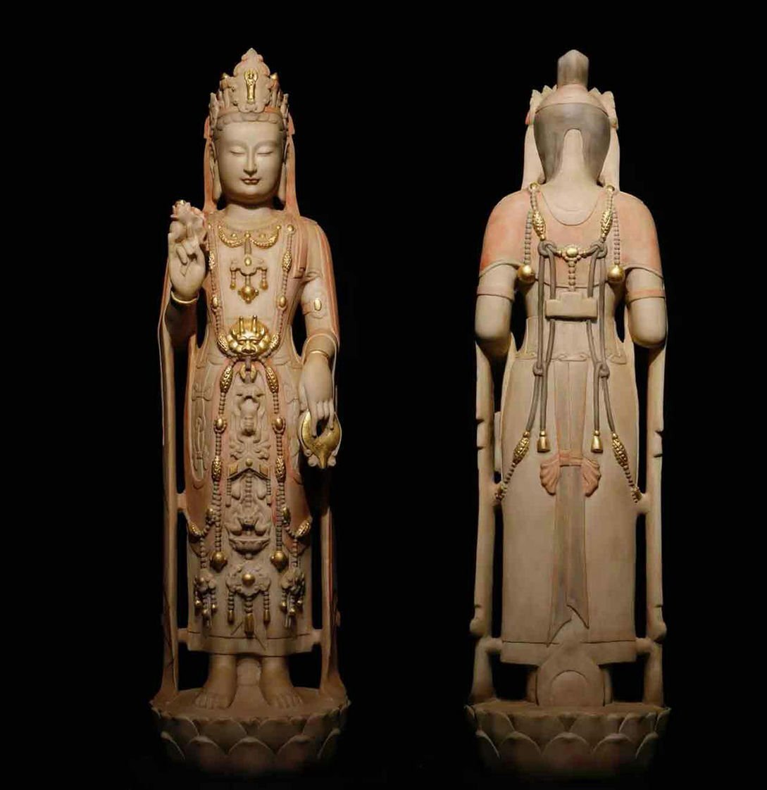 ▼渡鶴羽▼E0240北斉 漢白玉塗金彩絵観音 漢白玉石細工彫刻★仏教古美術★仏像★細密細工★廃寺旧蔵★廃寺買出品拍卖