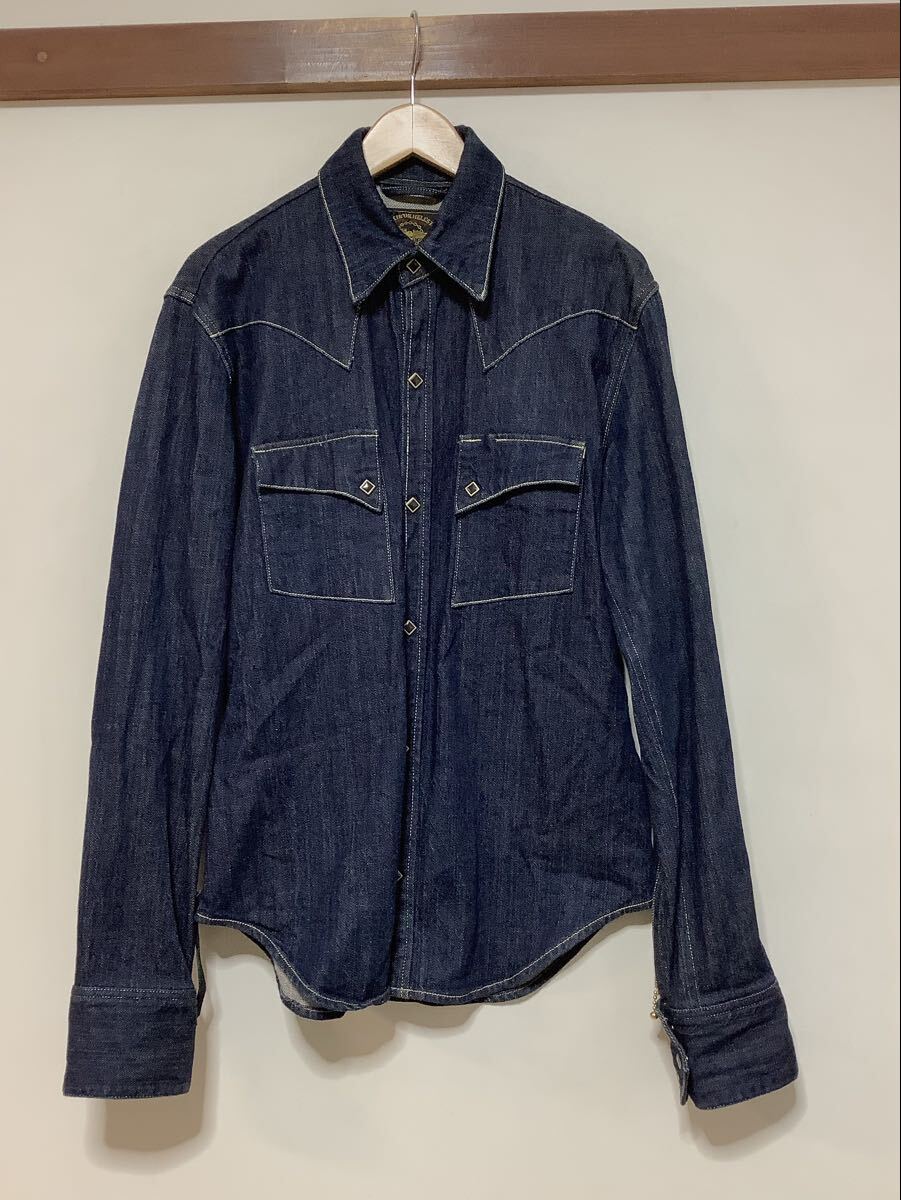 つ1748 SKULL FLIGHT スカルフライト 長袖デニムシャツ デニムウエスタンシャツ L 濃紺 バイカー スナップボタン 日本製 ストレッチ入り拍卖