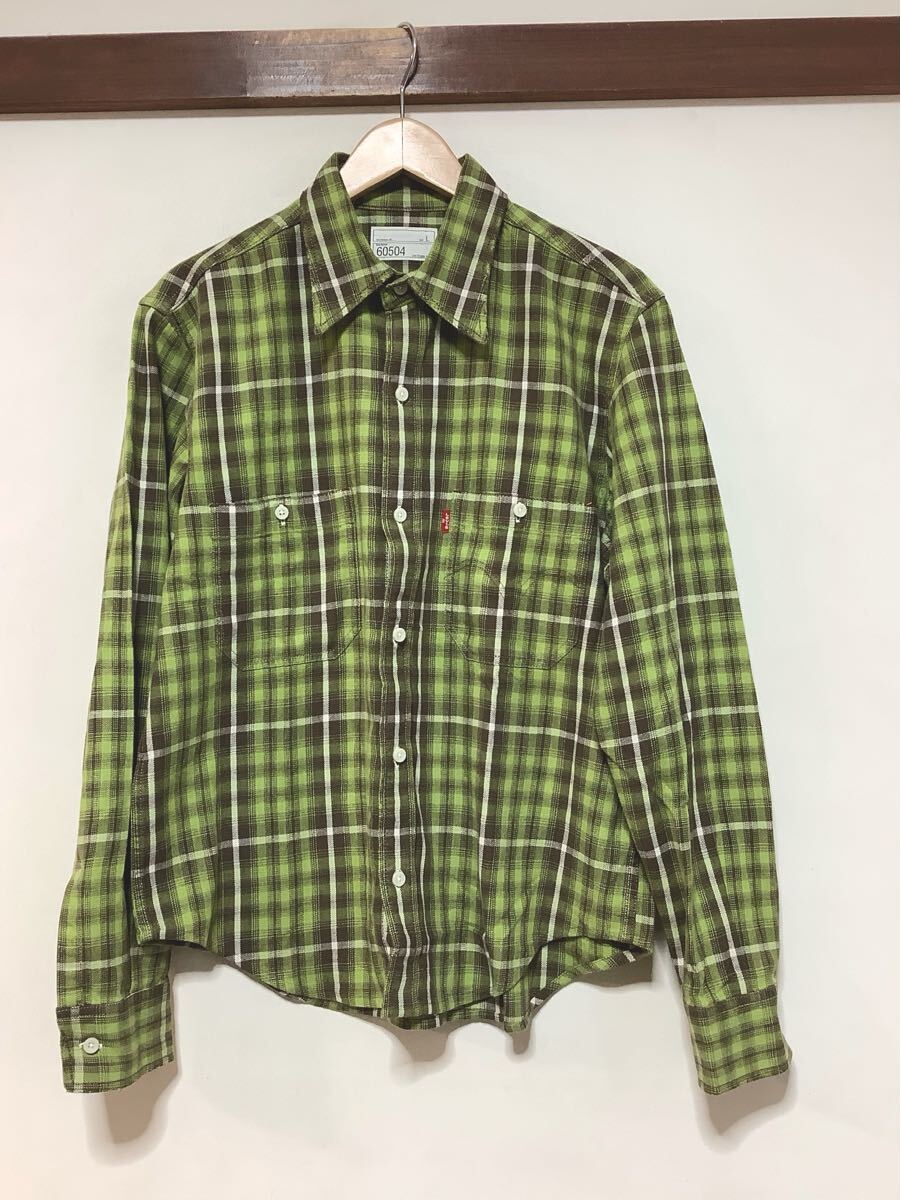 つ1750 Levi's リーバイス チェック 長袖シャツ 60504 Lサイズ ライムグリーン/ブラウン 00's オールド拍卖
