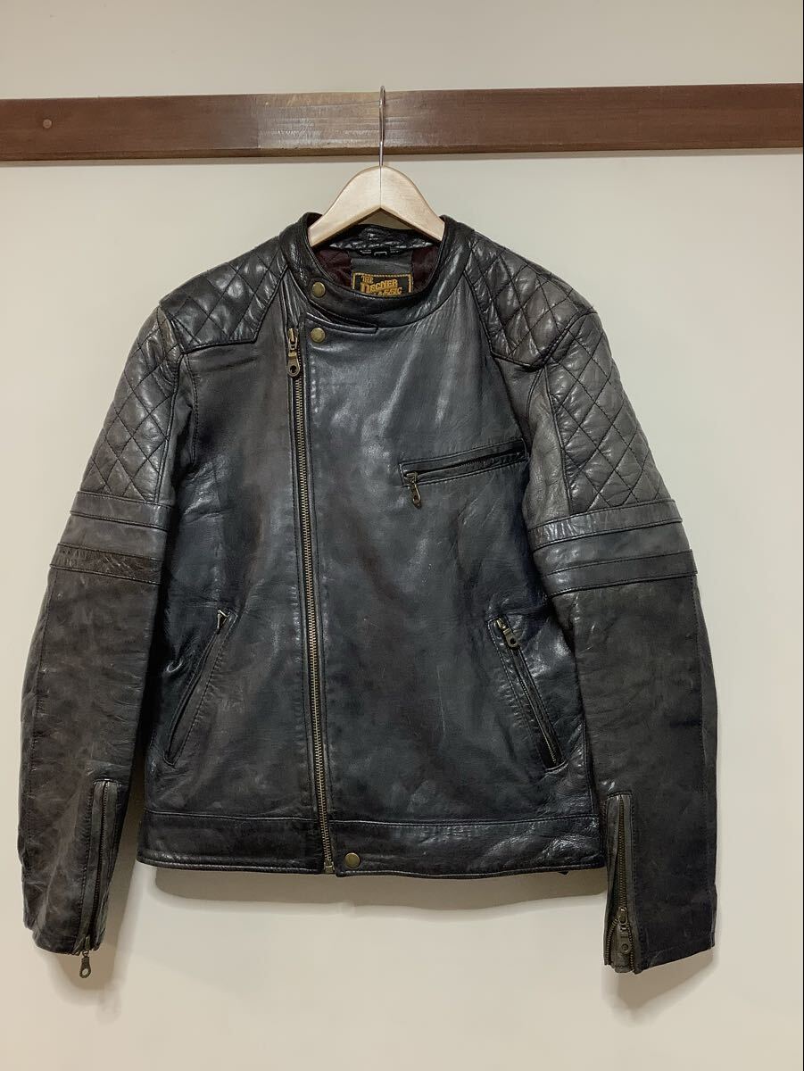 て1733 DEGNER デグナー レザーライダースジャケット L ネイビー系 色落ち シングルライダース 羊革 ラムレザー 中綿入り拍卖