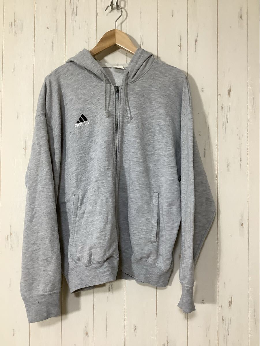 て1756 adidas アディダス ジップアップジャージパーカー M-L グレー ロゴ刺繍 DESCENTE デサント 裏パイル拍卖