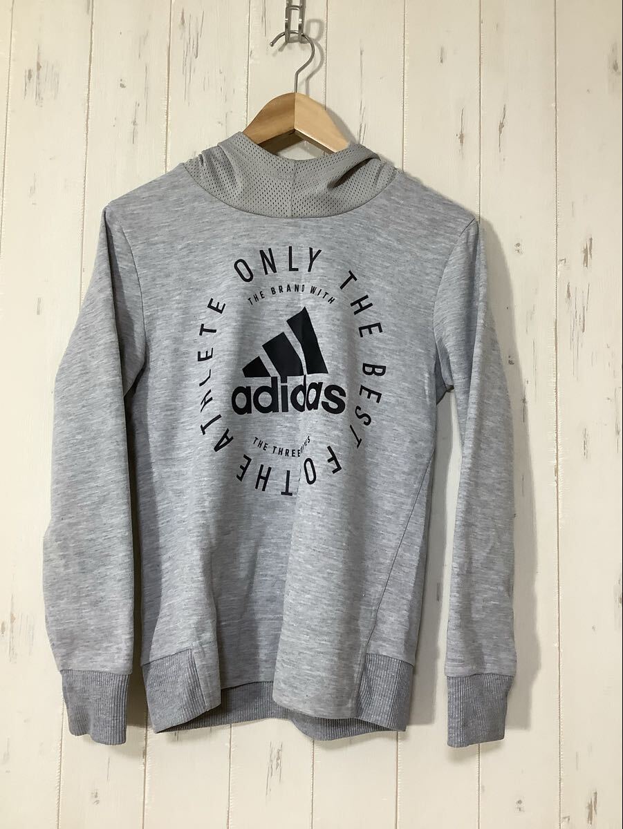 て1765 adidas アディダス フーディー パーカー プルオーバー 160 キッズ グレー ビッグロゴプリント拍卖