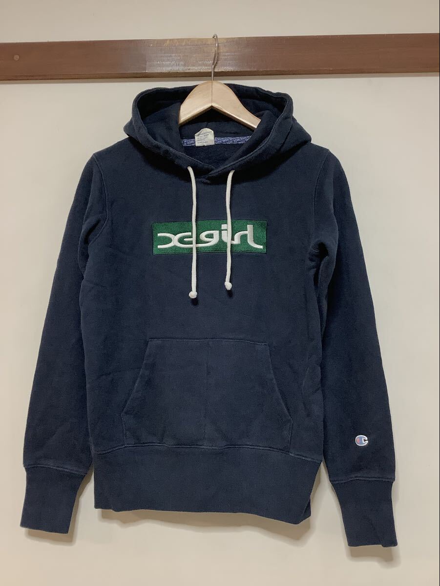 て1753 x-girl champion エックスガール チャンピオン コラボ Hoodie フーディー スウェットパーカー S ネイビー ボックスロゴ 1サイズ拍卖