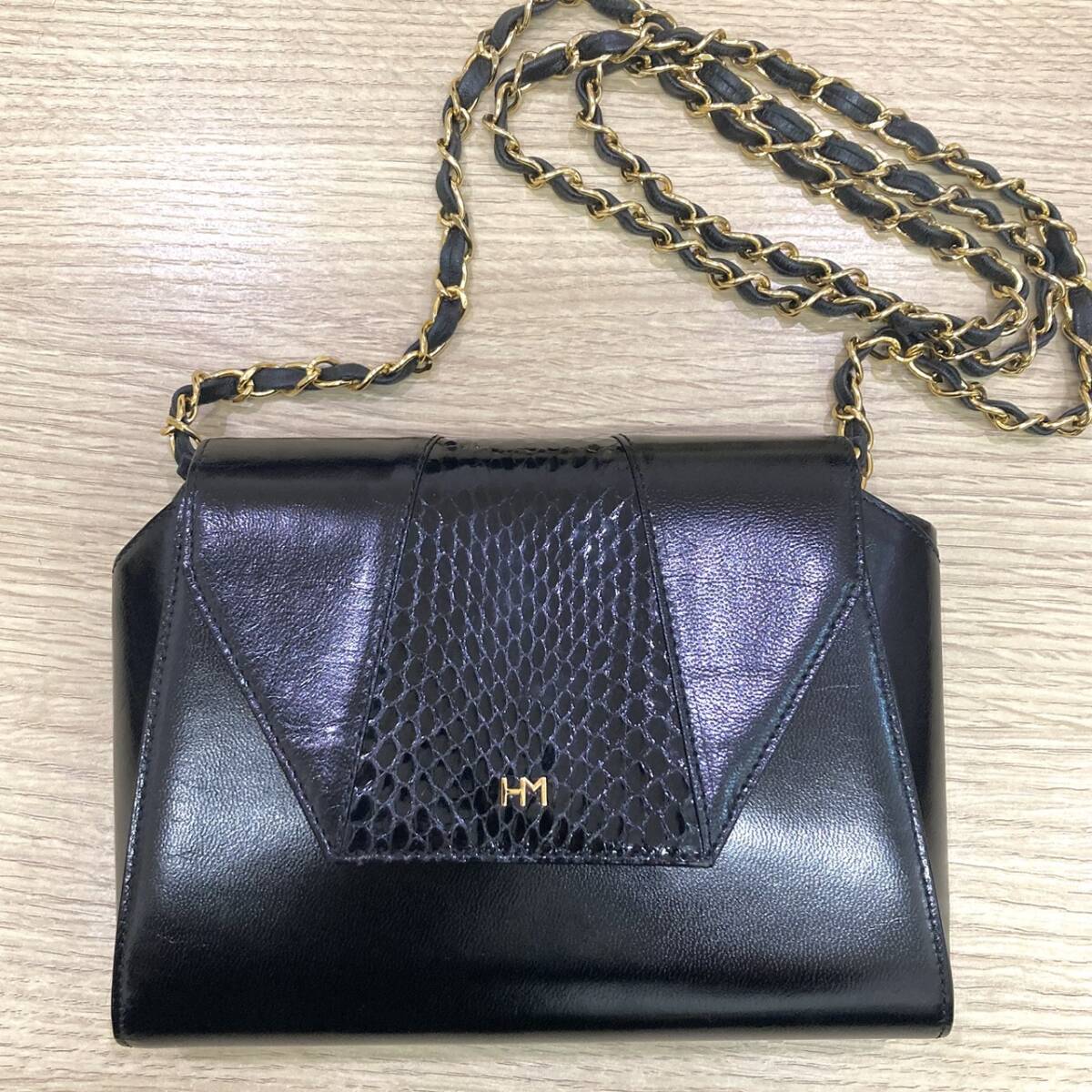 #17902 HANAE MORI/ハナエモリ/森英恵 ショルダーバッグ/レザー/ゴールド金具/ブラック 横22×縦15×マチ約5 冠婚葬祭 現状品拍卖