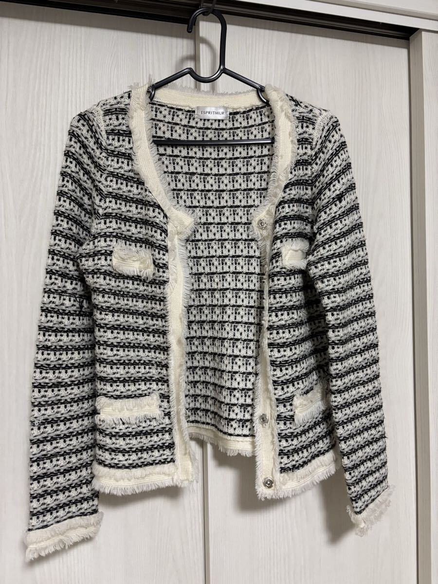 送料無料 ジャケット カーディガン ツイード ニット お洒落 上品 可愛い 白黒 コンサバ系 サイズM拍卖