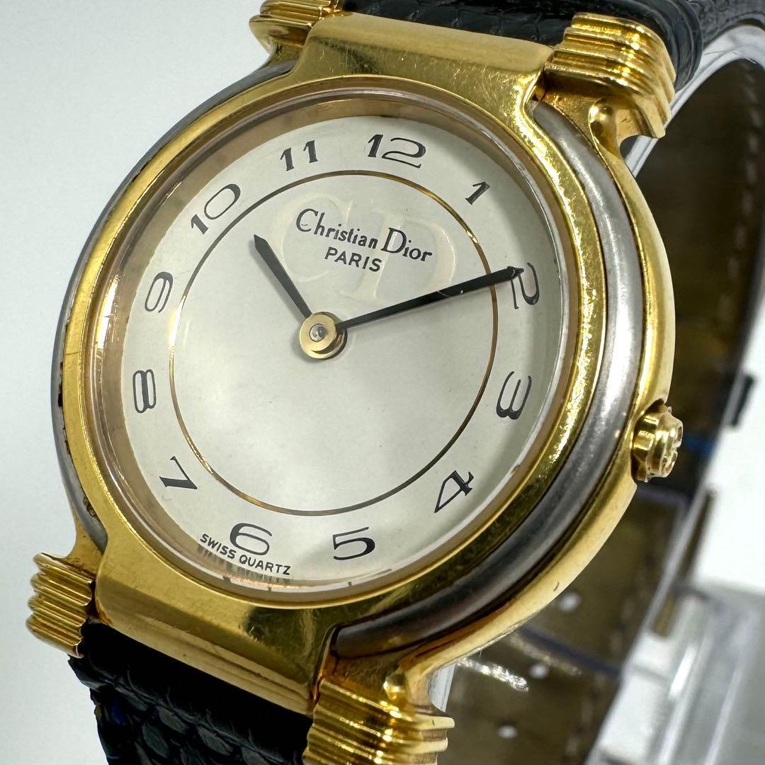 【稼働】美品 Christian Dior ディオール クォーツ 腕時計 コンビ ラウンド レザー ゴールド ブランドロゴ拍卖
