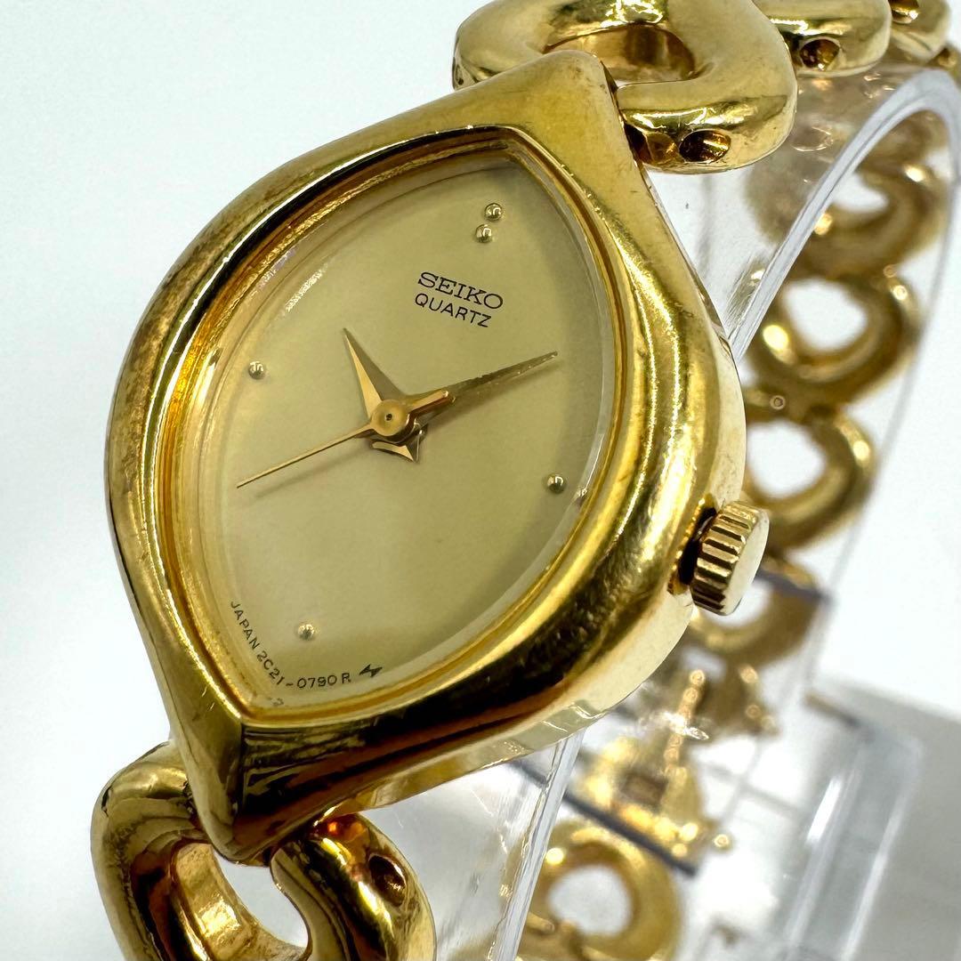 【稼動】希少 SEIKO セイコー 腕時計 レディース 2c21-5310 ハート ゴールド文字盤 3針 チェーン ブレスウォッチ クオーツ QZ拍卖