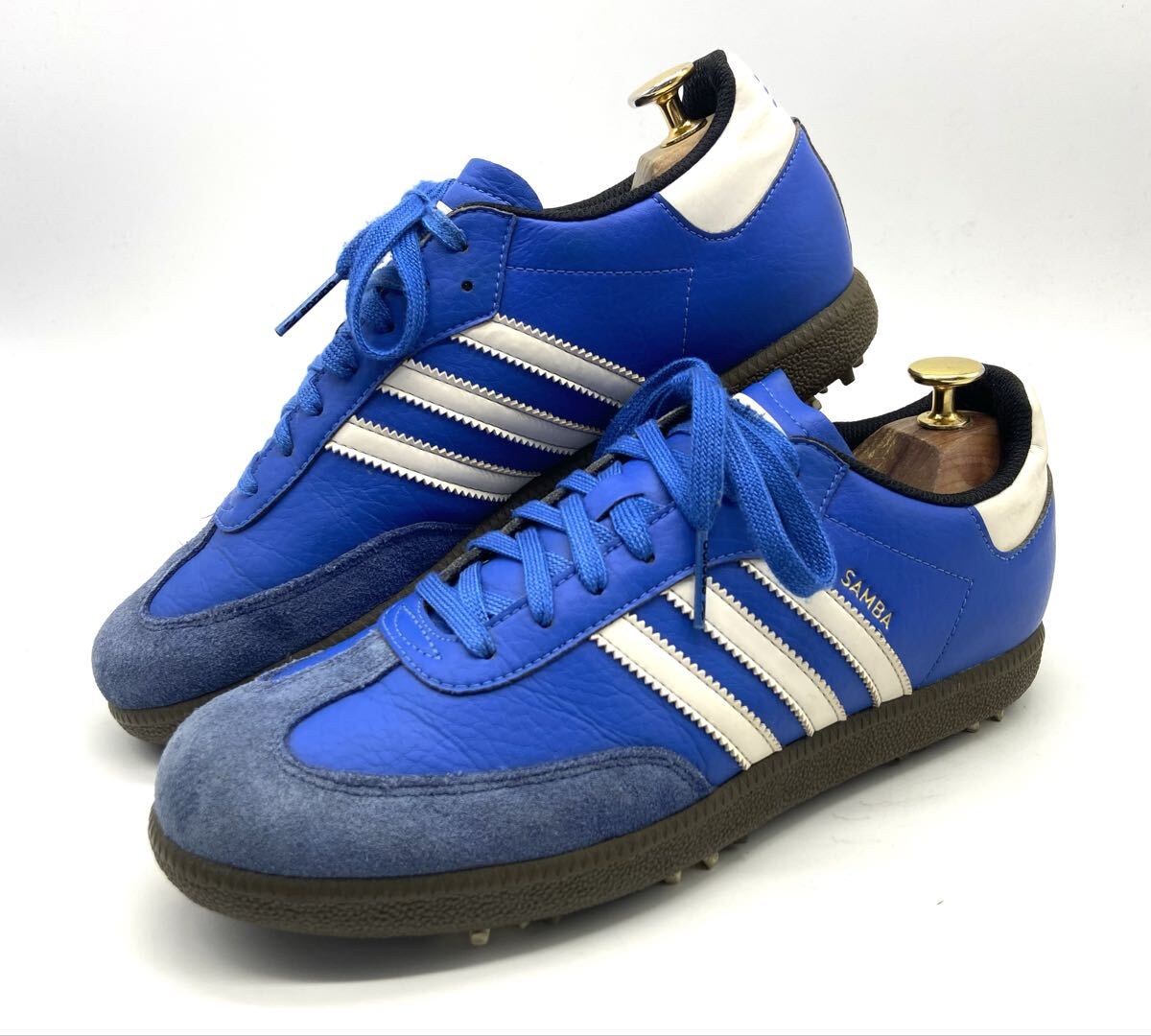 【アディダスGOLF/サンバGOLF/671519】高級上質レザーゴルフスパイクシューズ/ブルー×ホワイト/jp25.5cm/衝撃プライス!クラシック!11/7拍卖