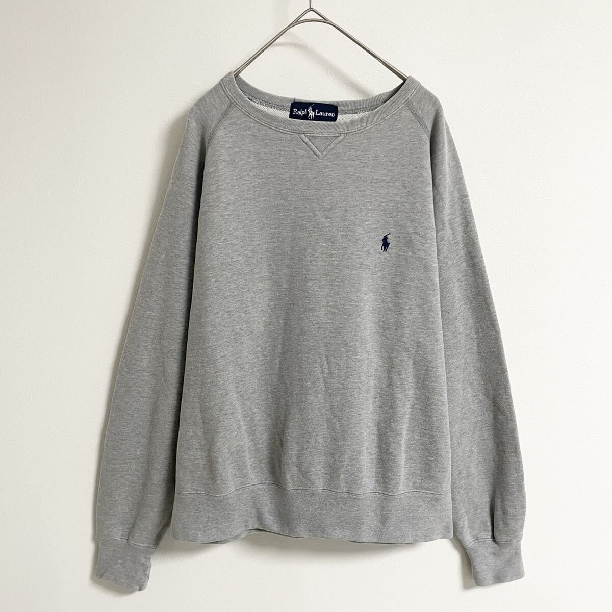 【90s’ラルフローレン/豪華刺繍ロゴ】高級上質コットンスウェットトレーナー/グレー/M表記/衝撃プライス!ヴィンテージアメカジ古着!NF29拍卖