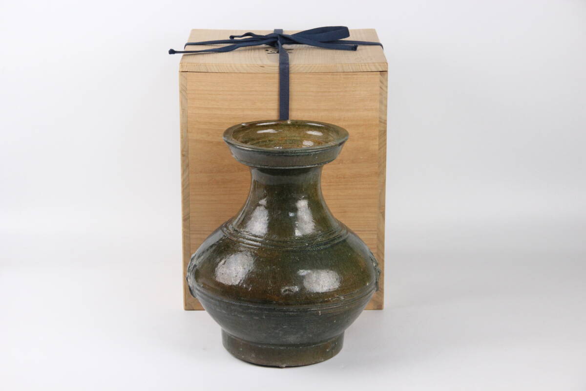 中国美術 中国古陶 緑釉壺 時代物 漢時代 緑釉壺 古陶磁 壺 花器 時代箱付 ENL19-2拍卖
