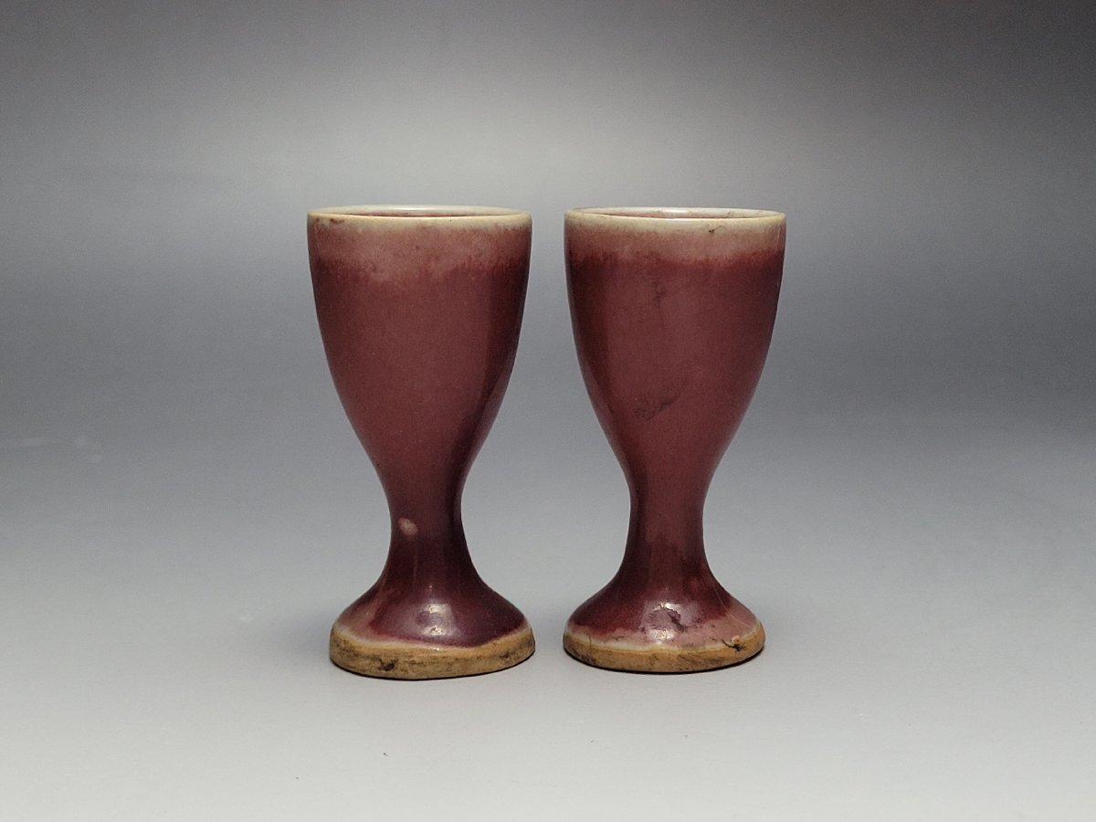E 紅釉 酒杯 二客 時代唐物「宋代官窯」銘 高さ約6.2cm / 明清時代 盃 小碗 杯 盞 小鉢 茶道具 煎茶道具 酒器 人間国宝 李朝 高麗 古董拍卖