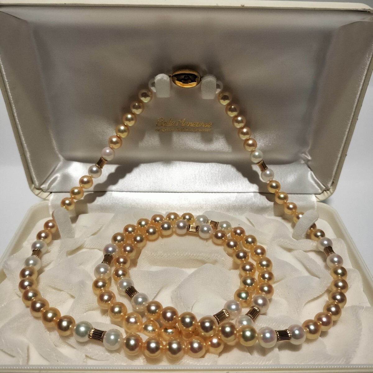 【最高品質!】アコヤ あこや マルチカラー ゴールデン ロング パール ネックレス 7.5mm〜8mm 90cm SILVER 刻印 72.1g 本真珠 pearl jewelry拍卖
