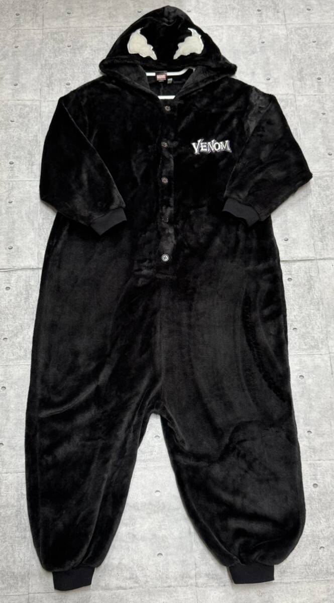 VENOM 着ぐるみ パジャマ ツナギ フリース キッズ150 ヴェノム MARVEL マーベル ブラック 蜘蛛 スパイダー 刺繍ロゴ フード付き 石瀬7775拍卖