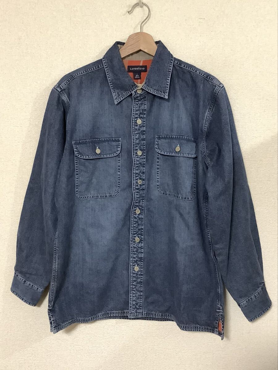 LANDS' END ランズエンド デニムシャツ コットンシャツ エルボーパッチ 日本製 アメカジ カジュアル ビンテージ S拍卖