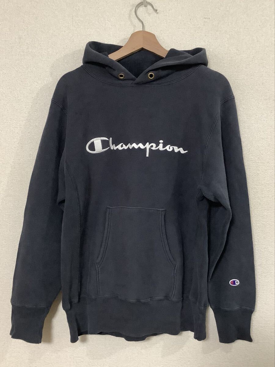 Champion チャンピオン 単色タグ 刺繍リバースウィーブ スウェットパーカー ネイビー サンフェード ビンテージ レプリカ L拍卖