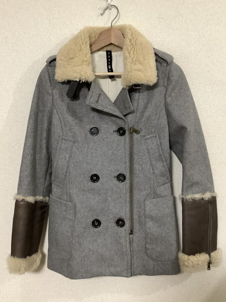 chat C win ボア付きウールコート ピーコート セレクト レディース カジュアル グレー 40 ダブルボタン アウター拍卖