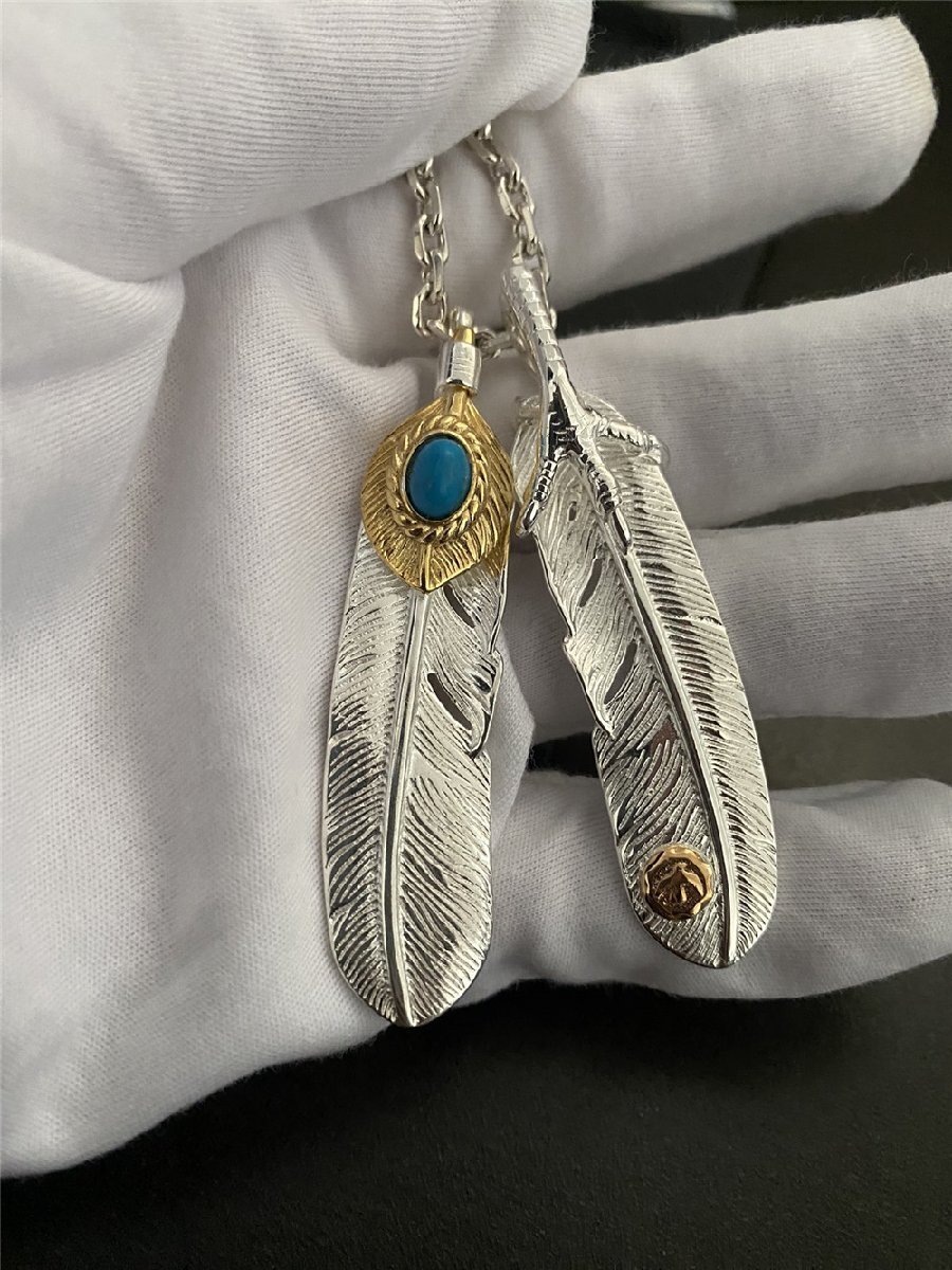 Goro’s ゴローズ 上金金縄ターコイズ特大フェザー 銀爪メタル付特大フェザー 組み合わせ ホイール付き フックチェーン ネックレス拍卖