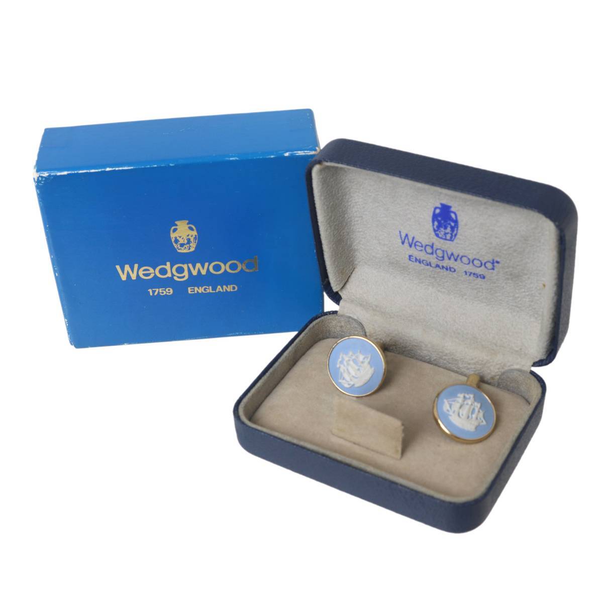 WEDGWOOD ウェッジウッド ガレオン船 カフス ジャスパーウェア×メタル ペールブルー×ゴールド 箱 NT 美品 ABランク拍卖