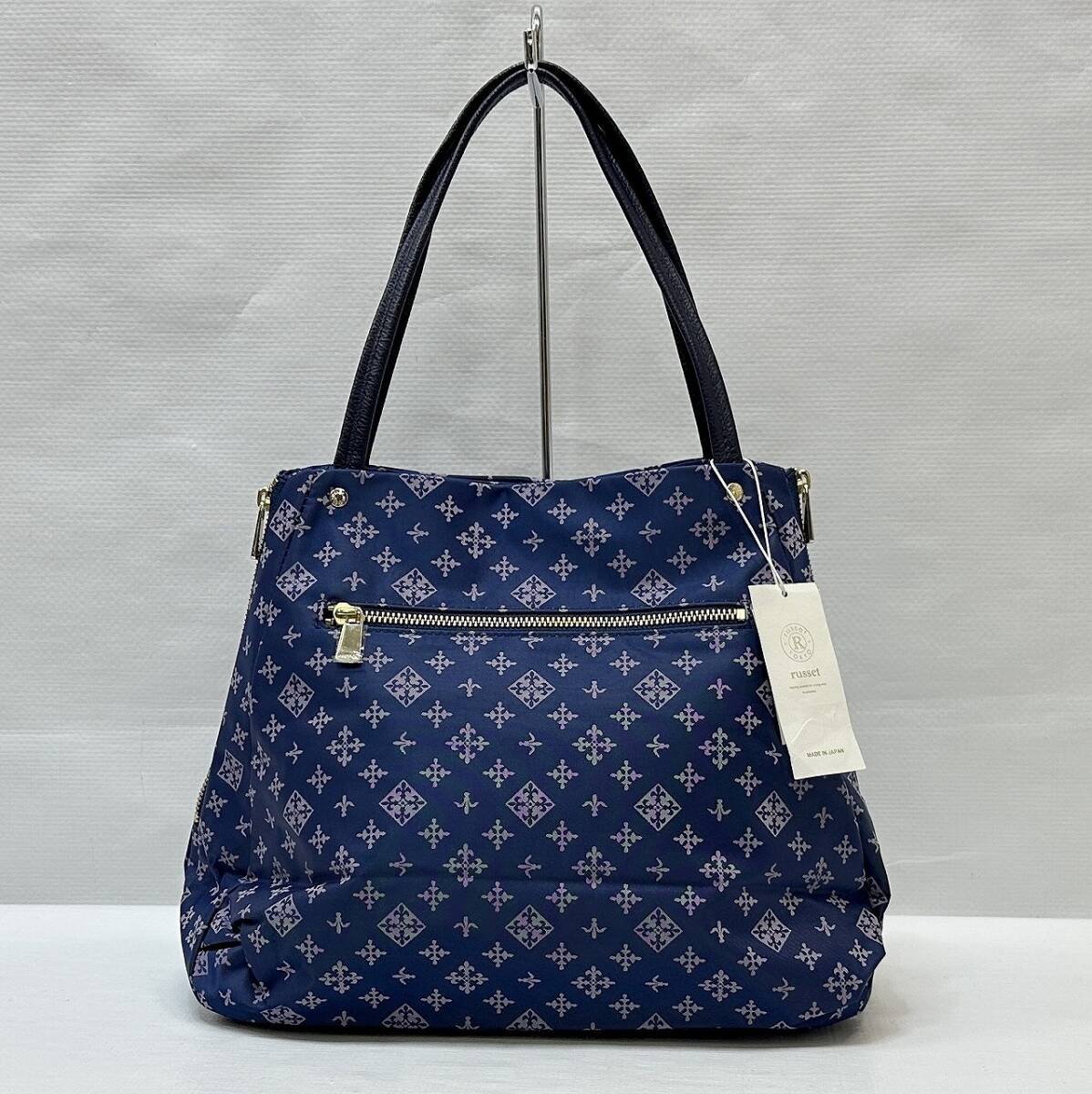 新品タグ付き russet ラシット 総柄 モノグラム サイドファスナー トートバッグ ナイロン ネイビー レディース拍卖