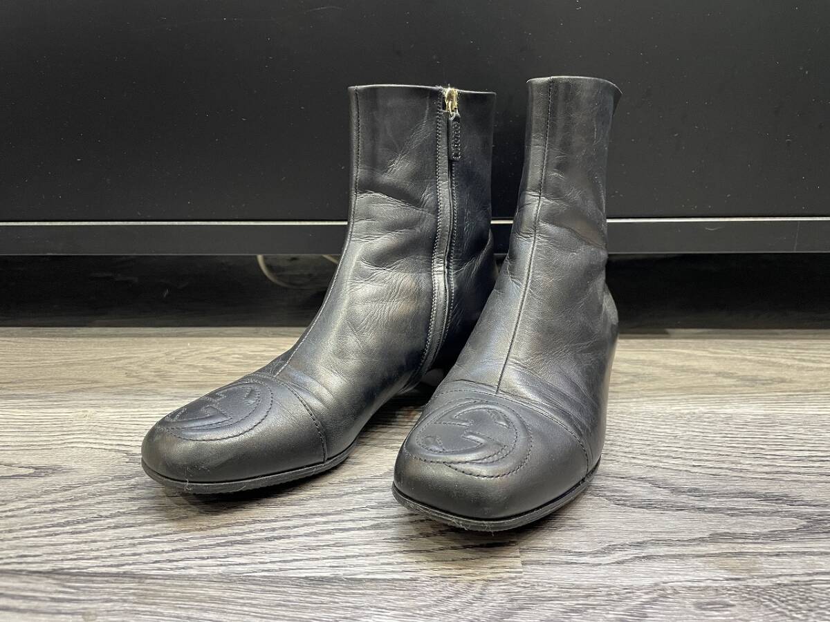 極美品 GUCCI レザー インターロッキングG スクエアトゥ サイドジップ ミドルブーツ 36.5 JP23.5cm ブラック 388454 レディース拍卖