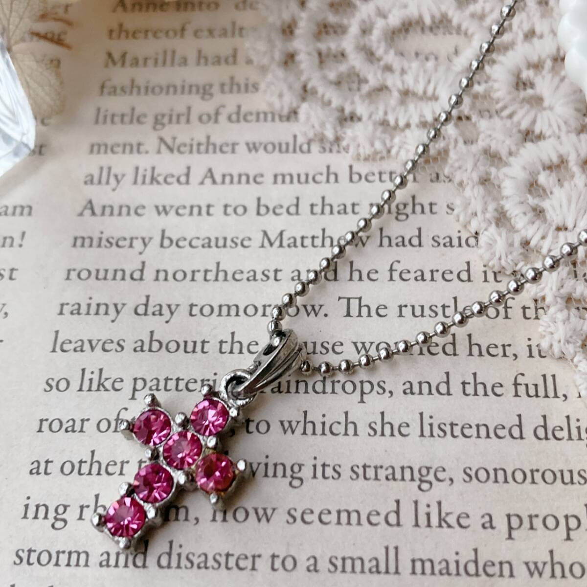ネックレス ショート クロス ピンクラインストーン シルバートーン 美品■Vintage jewelry accessoriesF0401拍卖