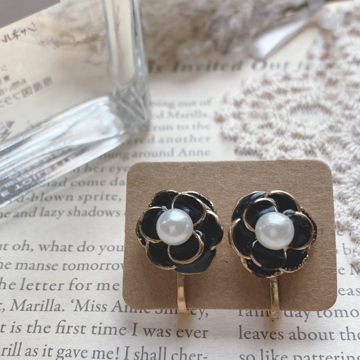 SALE!カメリアイヤリング ブラック 黒 パール ゴールド 未使用品☆vintage jewelry accessories 0933拍卖