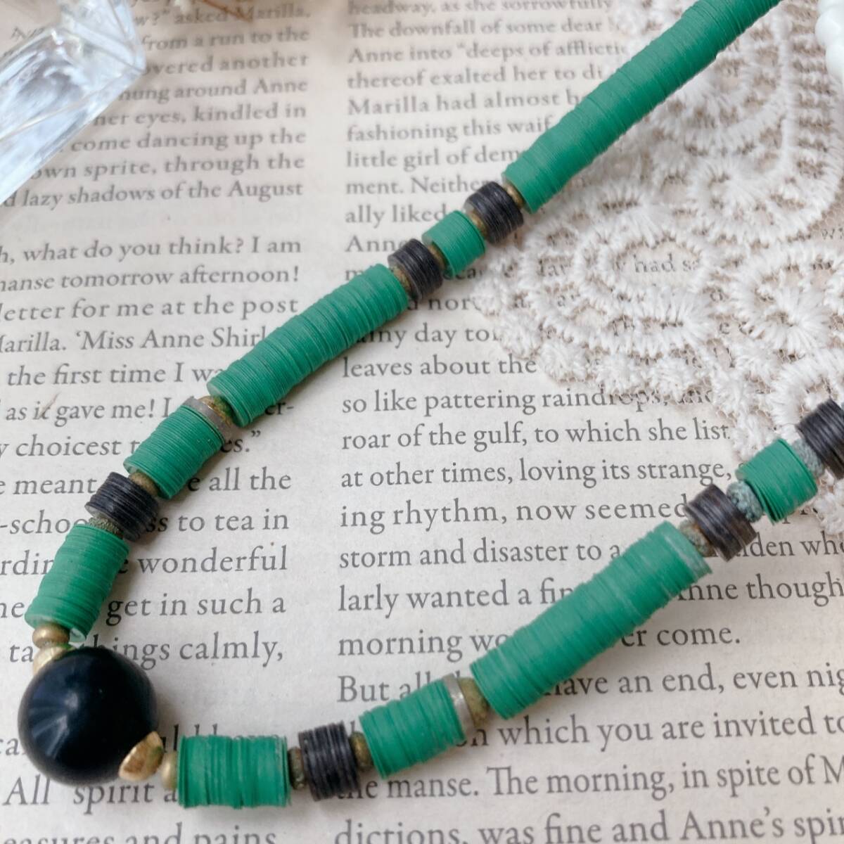 ヴィンテージネックレス ショート ブラックオニキス グリーン ディスクビーズ メンズ レディース■Vintage jewelry accessoriesF0411拍卖