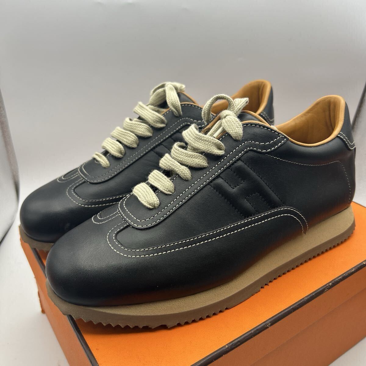美品 HERMES クイック レザー スニーカー ブラック Hロゴ エルメス 靴 レザースニーカー 箱付き size39 24.5cm レディース 売り切り拍卖