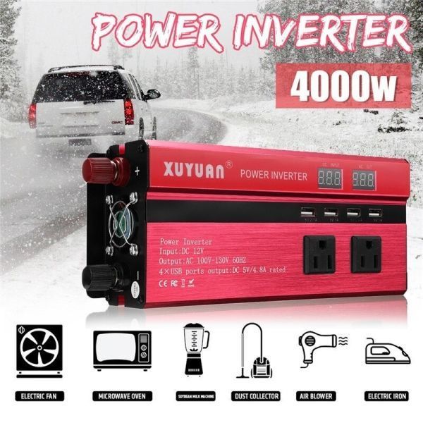 【最安!送料一律!】ソーラー インバーター 12V 出力 AC 110V 220V 4000W 電圧コンバーター 変圧器 充電器 赤 車 オートバイ拍卖