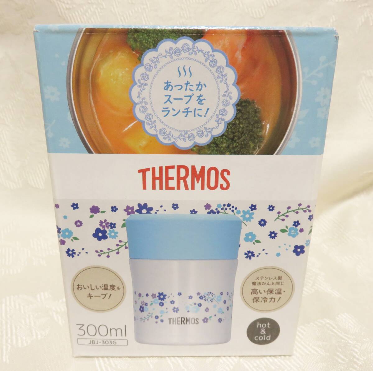 未使用 サーモス 真空断熱 スープジャー 300ml 保温&保冷 ブルーフラワー スープ 味噌汁 ランチ ジャー コンテナー フードジャー THERMOS拍卖