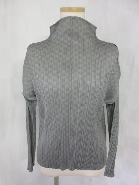 879 プリーツプリーズ イッセイミヤケ グレー 格子柄 ハイネック長袖トップス PP31-JK961 サイズ3拍卖