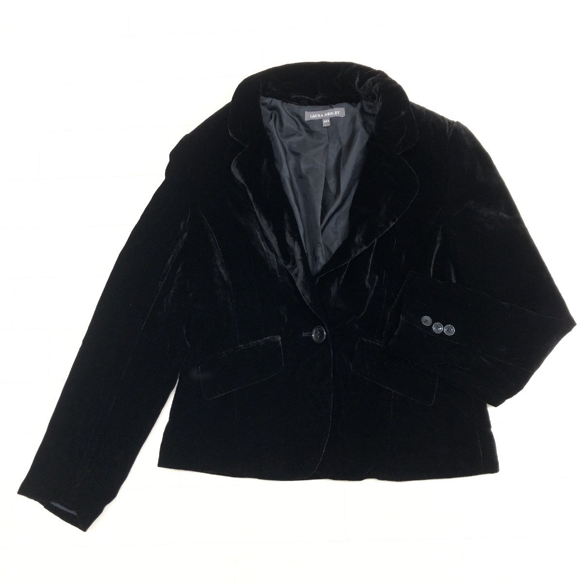 美品 LAURA ASHLEY ローラアシュレイ シルク混 ベルベット テーラードジャケット 9(M) 黒 ブラック 羽織り フォーマル レディース 婦人拍卖