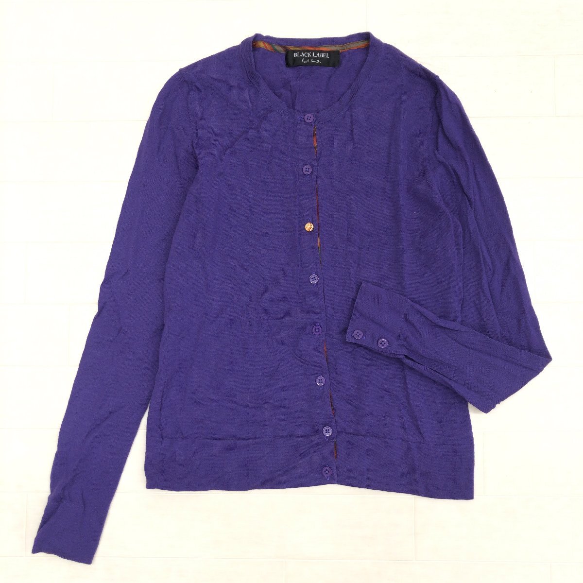 Paul Smith BLACK LABEL ポールスミス ウール100% クルーネック ニット カーディガン M 紫 パープル 羽織り 薄手 国内正規品 レディース拍卖