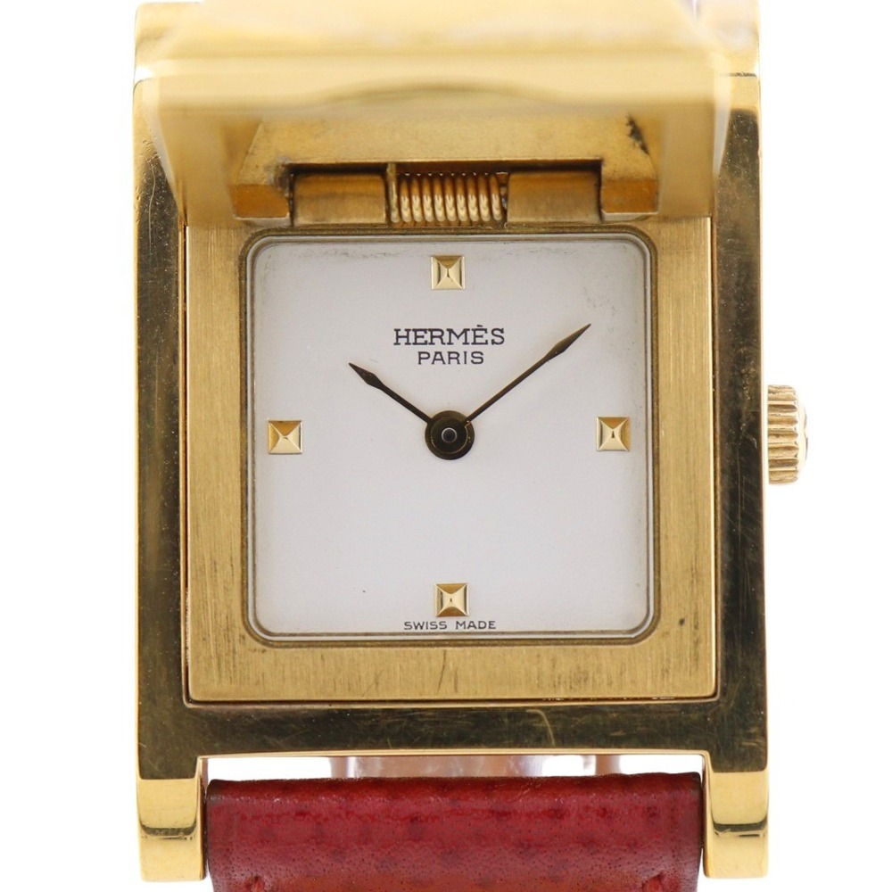 HERMES エルメス メドール ヴィンテージ ○Y 腕時計 金メッキ×レザー ゴールド アナログ表示 レディース 白文字盤【15313029】中古拍卖