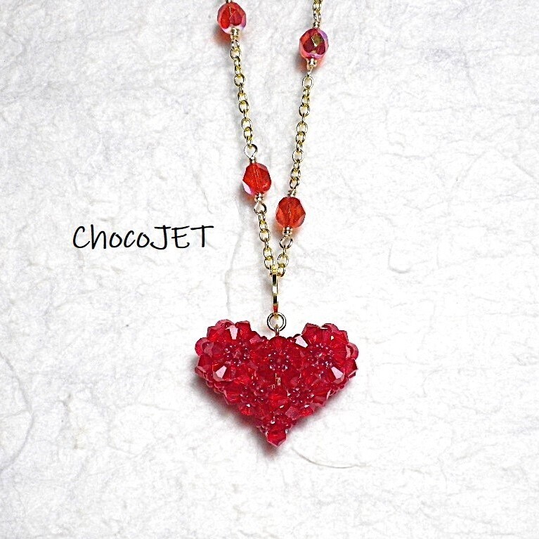 スワロフスキーハートネックレス クリスタルレッドチェコビーズネックレス 赤色拍卖