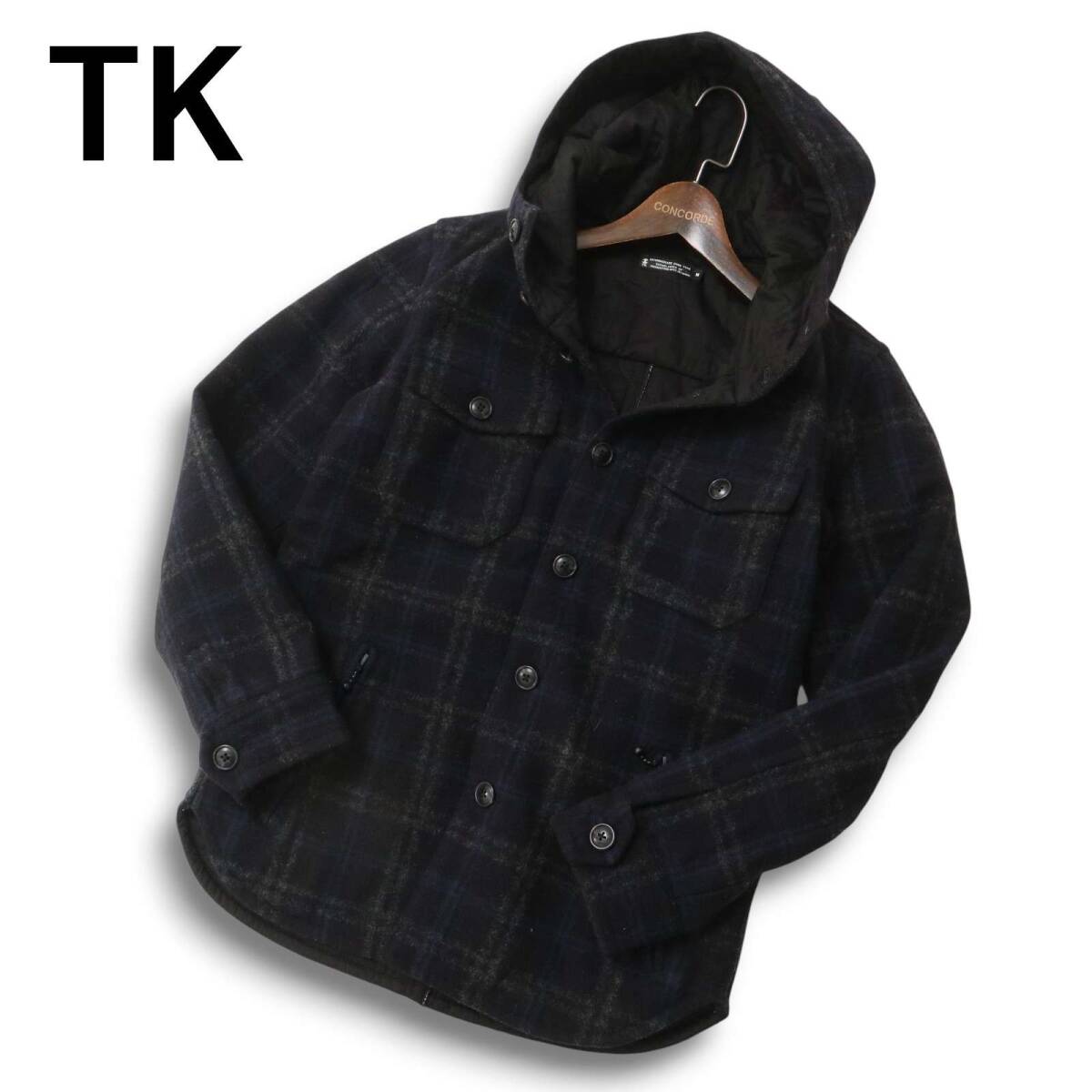 TK タケオキクチ 秋冬 ウール100%★ 中綿 チェック フーディー シャツ ジャケット Sz.M メンズ ネイビー拍卖