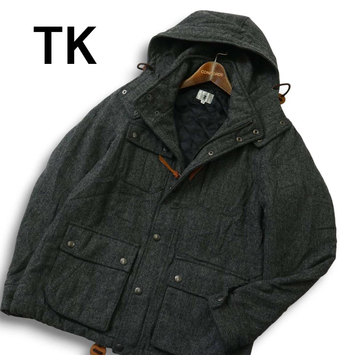 TK タケオキクチ 秋冬★ ウール ツイード フーディー 中綿 ブルゾン ジャケット Sz.2 メンズ 灰 グレー拍卖