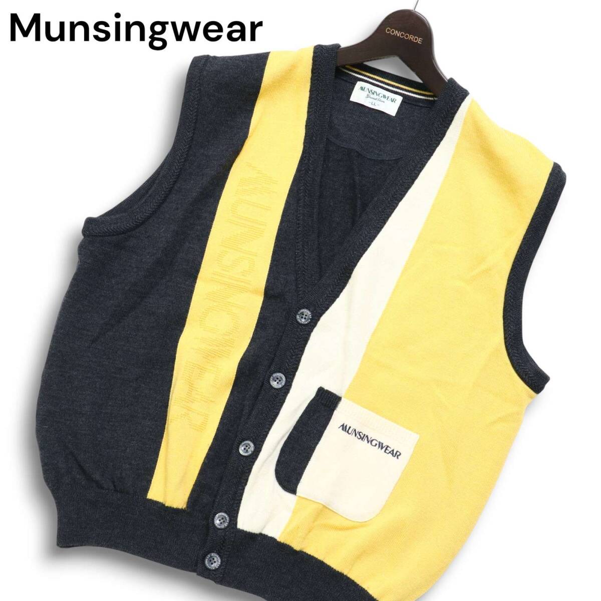 Munsingwear マンシングウェア ゴルフ 秋冬 ロゴ刺繍★ ウール100% ニット ベスト Sz.LL メンズ グレー拍卖